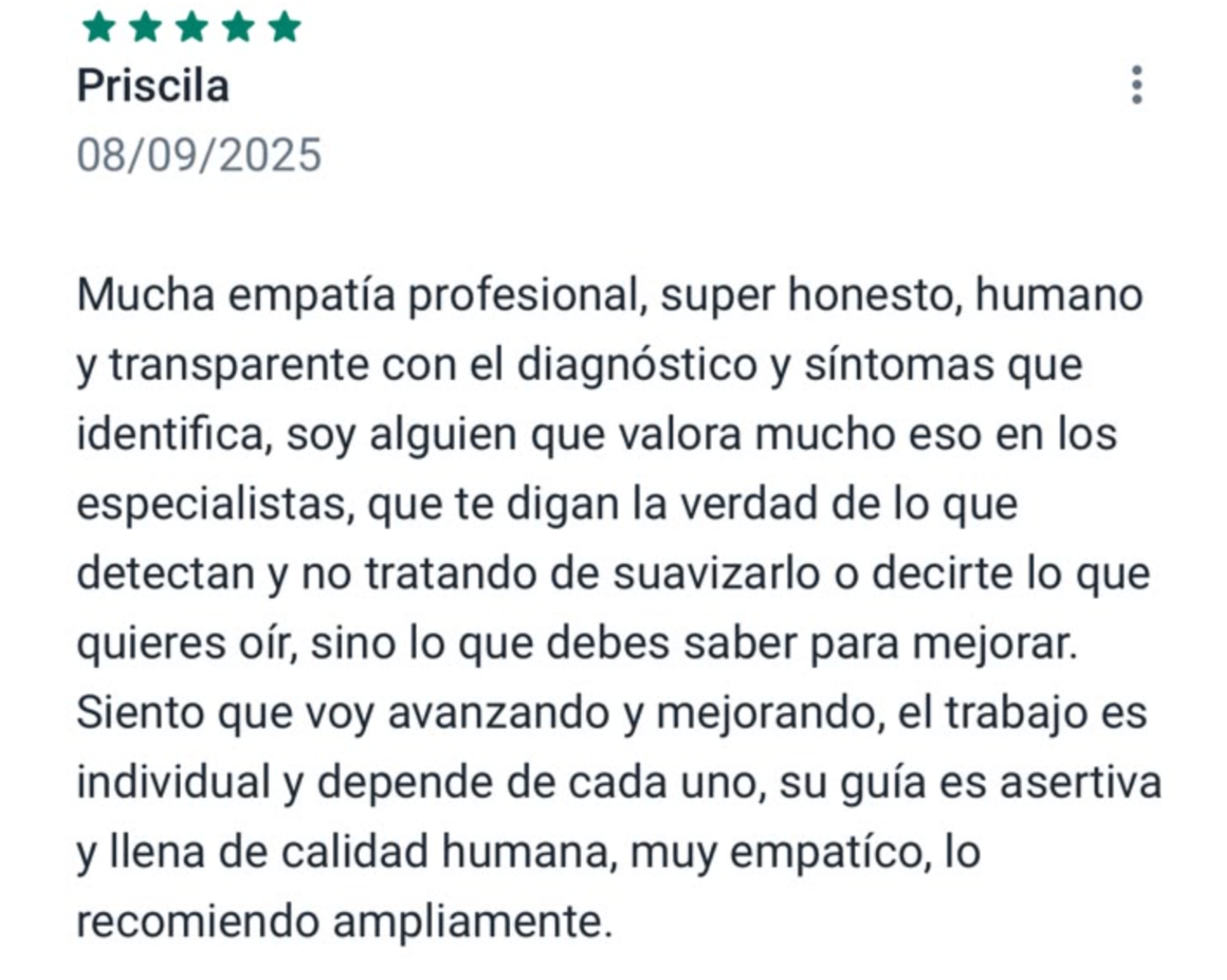 Reseña de paciente en Doctoralia - Clínica en Psicología